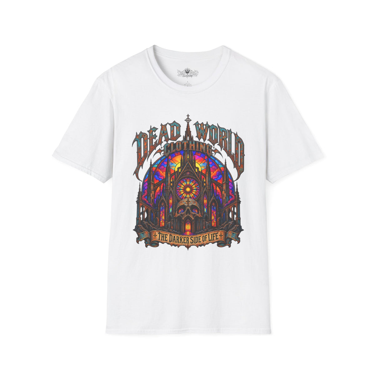 Dead World Clothing Cathedral Graphic T-Shirt — 'Dead World Clothing' Stained Glass Gothic Tee