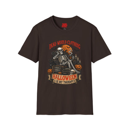 Halloween Skeleton T-Shirt — "Halloween Is My Therapy" Vintage Horror Tee