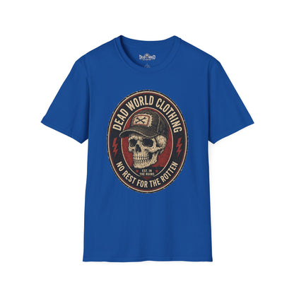 Dead World Clothing Skull Logo T-Shirt — "No Rest for the Rotten" Vintage Graphic Tee