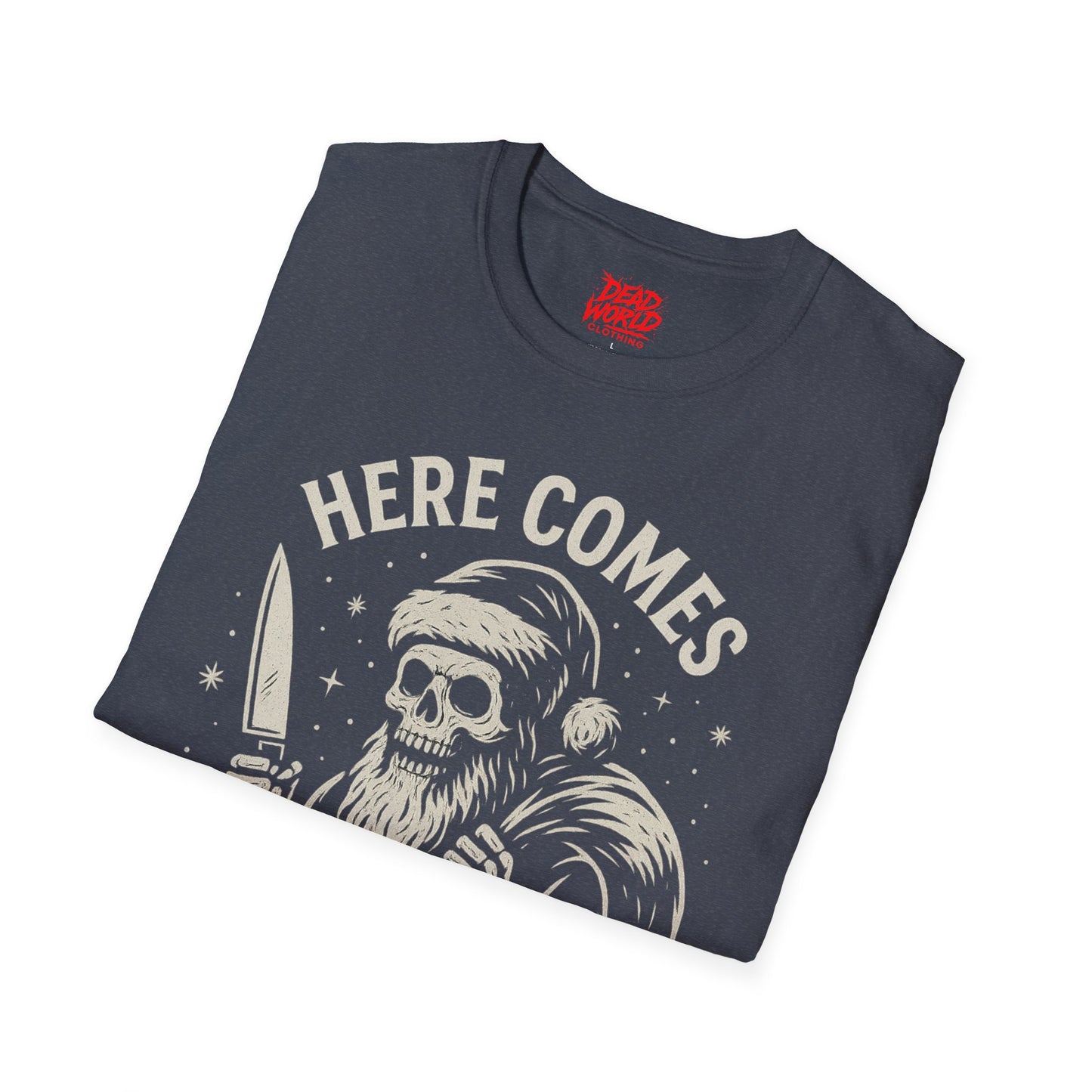 Santa Skull Christmas Horror T-Shirt — "Here Comes Horror" Holiday Tee