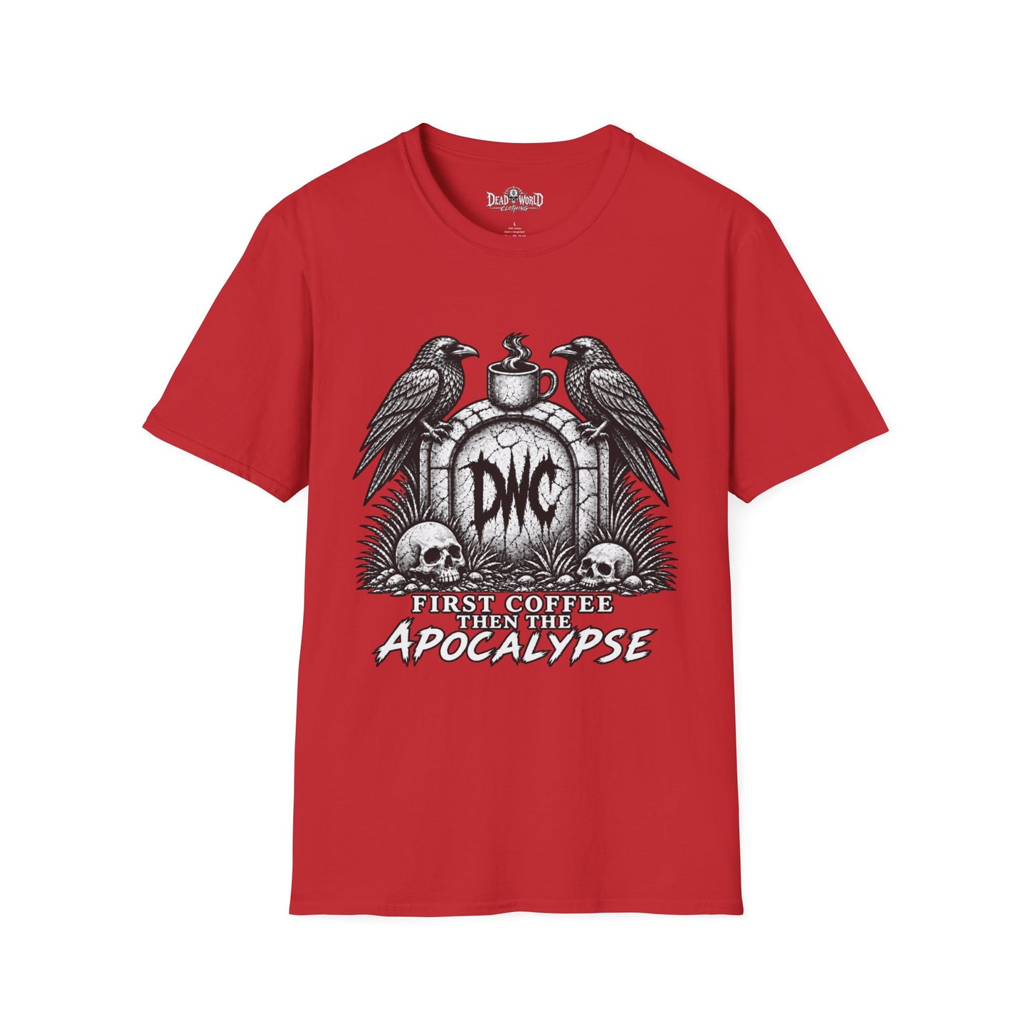 Apocalypse Coffee T-Shirt — "First Coffee, Then The Apocalypse" Raven Graveyard Tee