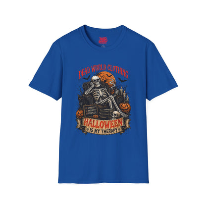 Halloween Skeleton T-Shirt — "Halloween Is My Therapy" Vintage Horror Tee