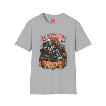Halloween Skeleton T-Shirt — "Halloween Is My Therapy" Vintage Horror Tee