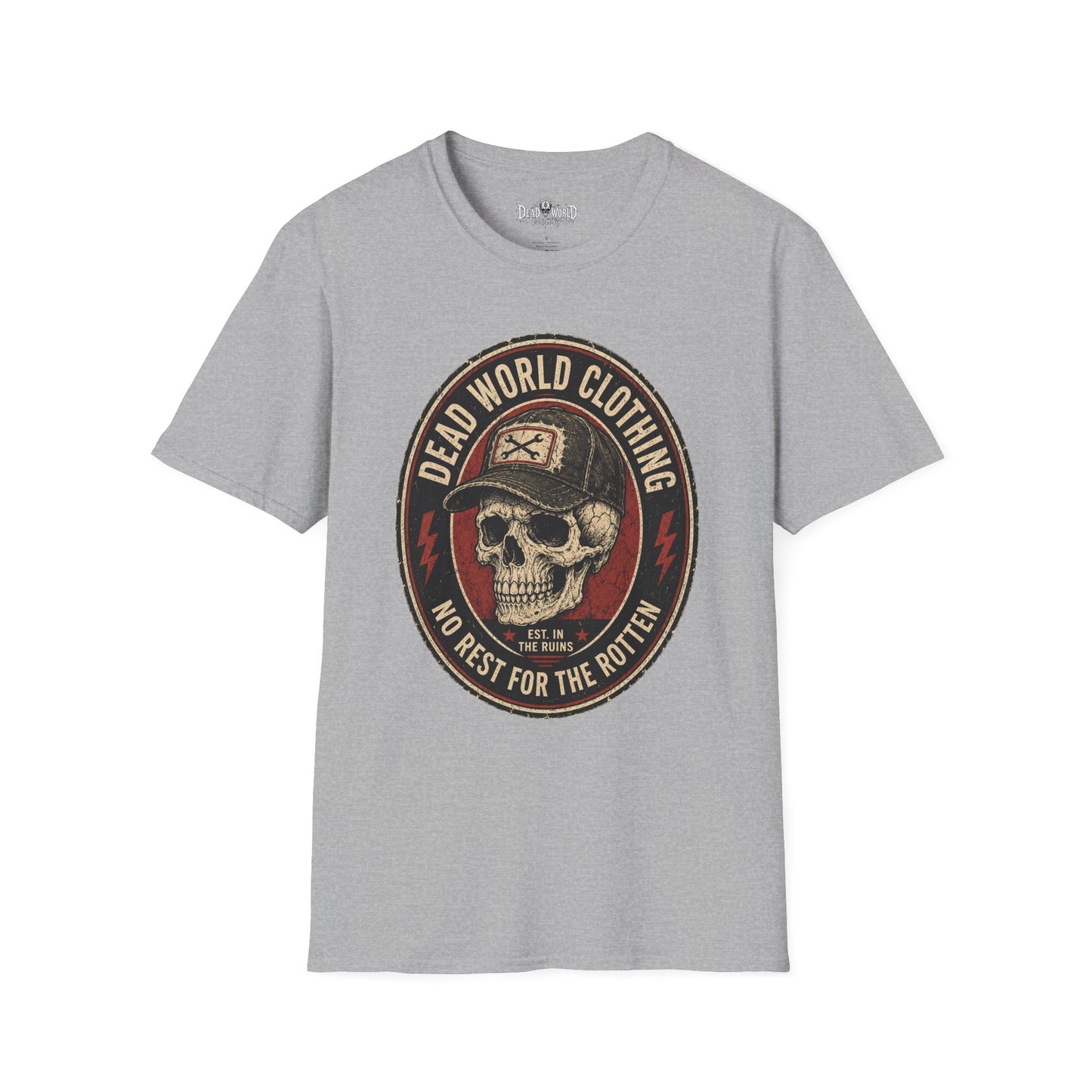 Dead World Clothing Skull Logo T-Shirt — "No Rest for the Rotten" Vintage Graphic Tee