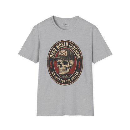 Dead World Clothing Skull Logo T-Shirt — "No Rest for the Rotten" Vintage Graphic Tee