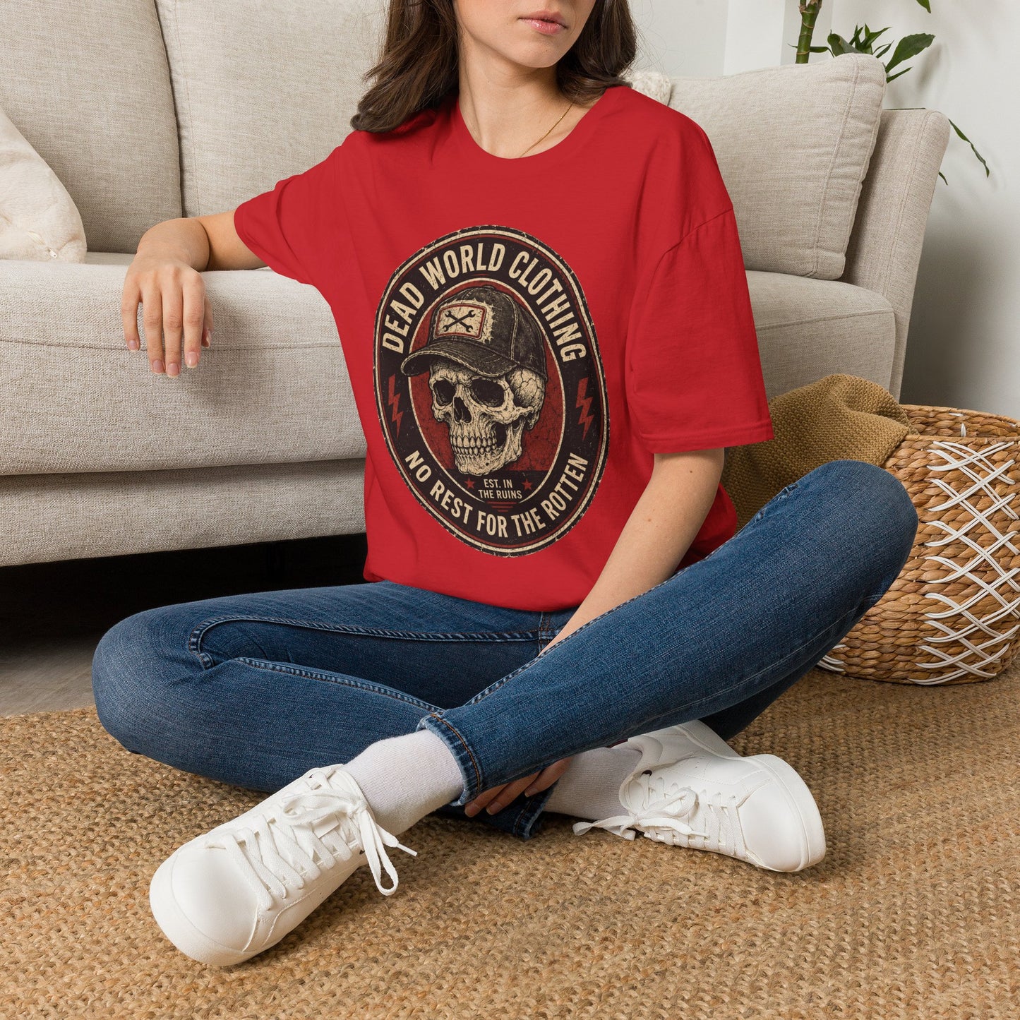 Dead World Clothing Skull Logo T-Shirt — "No Rest for the Rotten" Vintage Graphic Tee