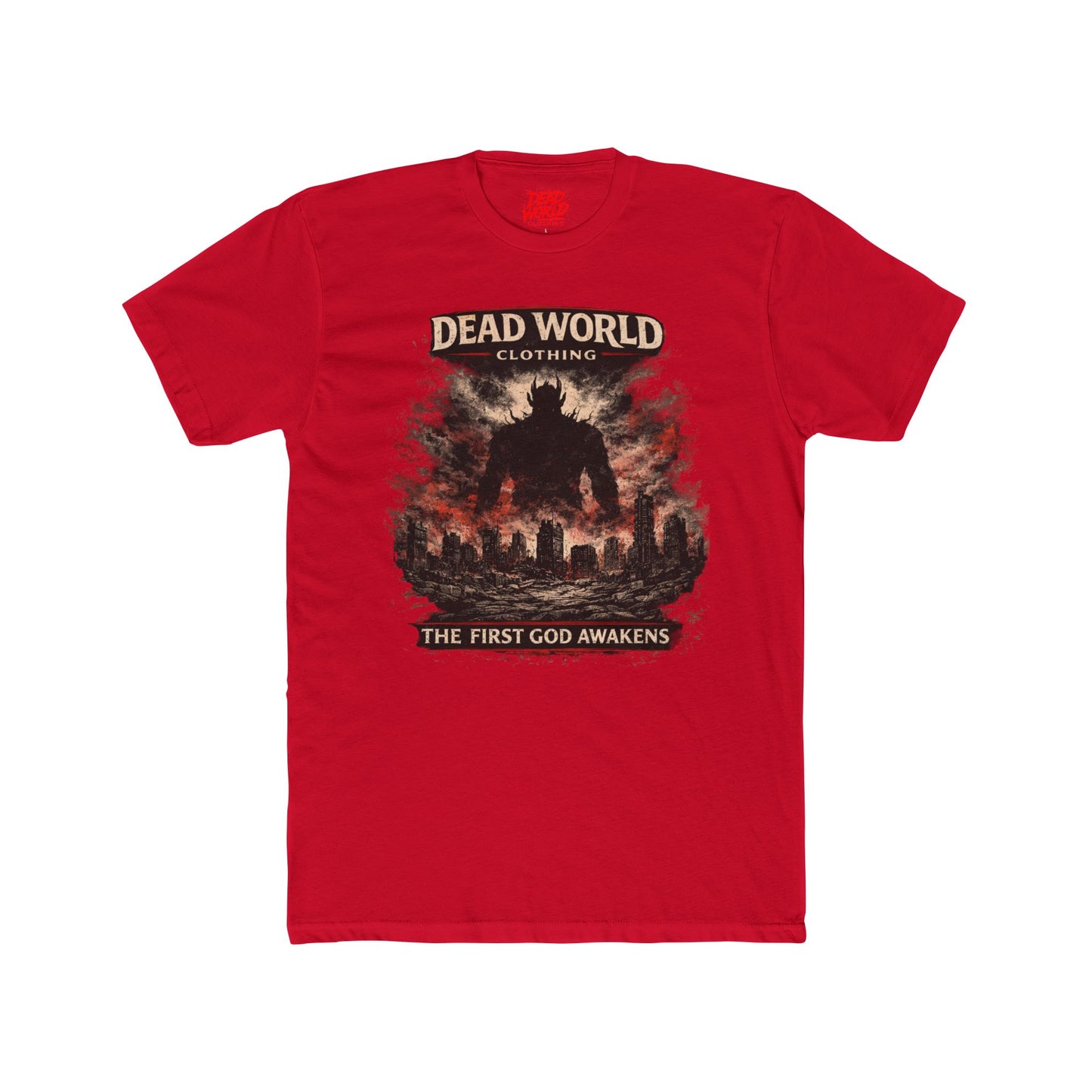 Dead World Clothing Graphic Tee — "The First God Awakens" Apocalyptic Crew Shirt