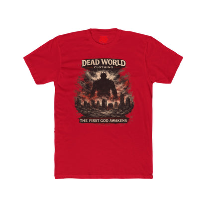 Dead World Clothing Graphic Tee — "The First God Awakens" Apocalyptic Crew Shirt