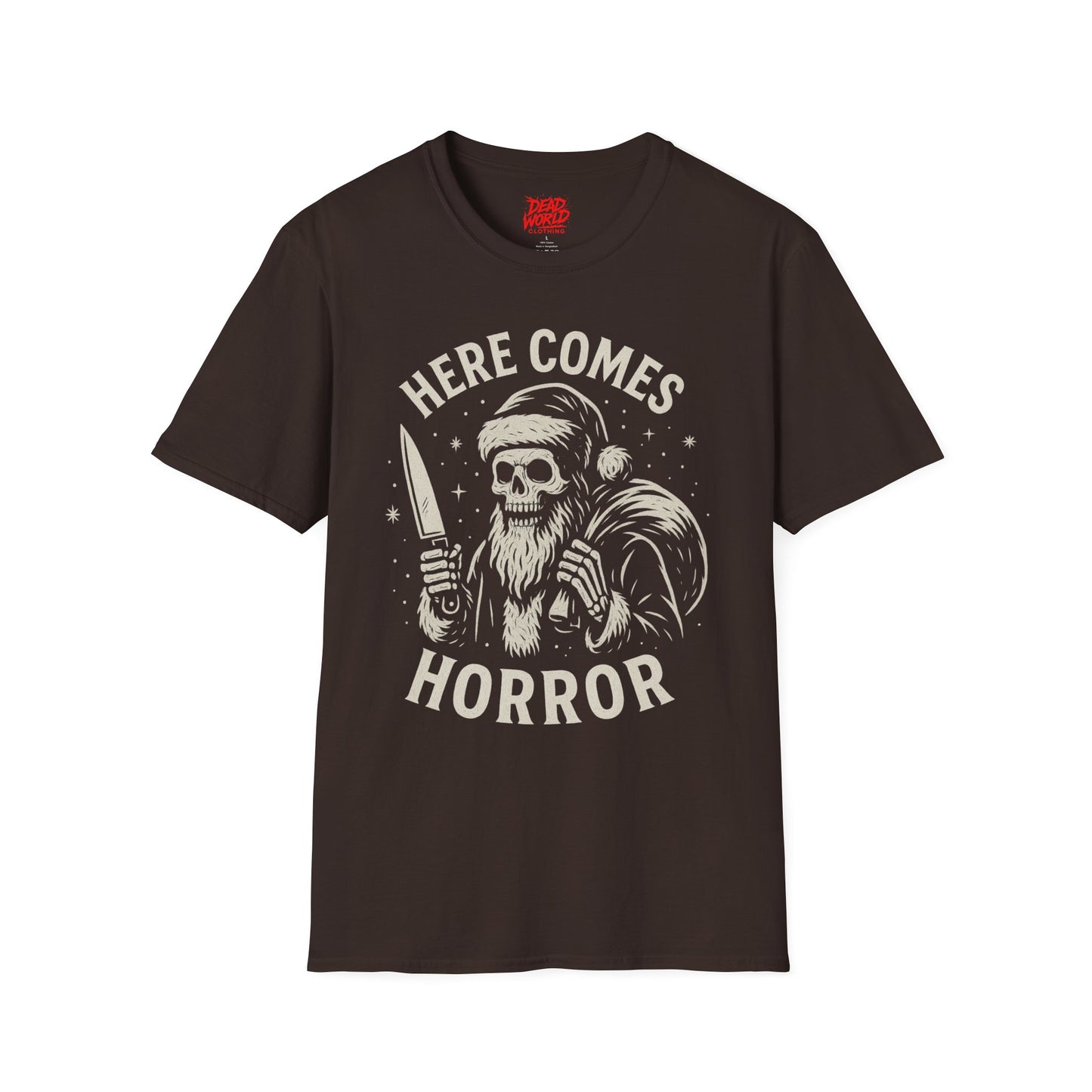 Santa Skull Christmas Horror T-Shirt — "Here Comes Horror" Holiday Tee