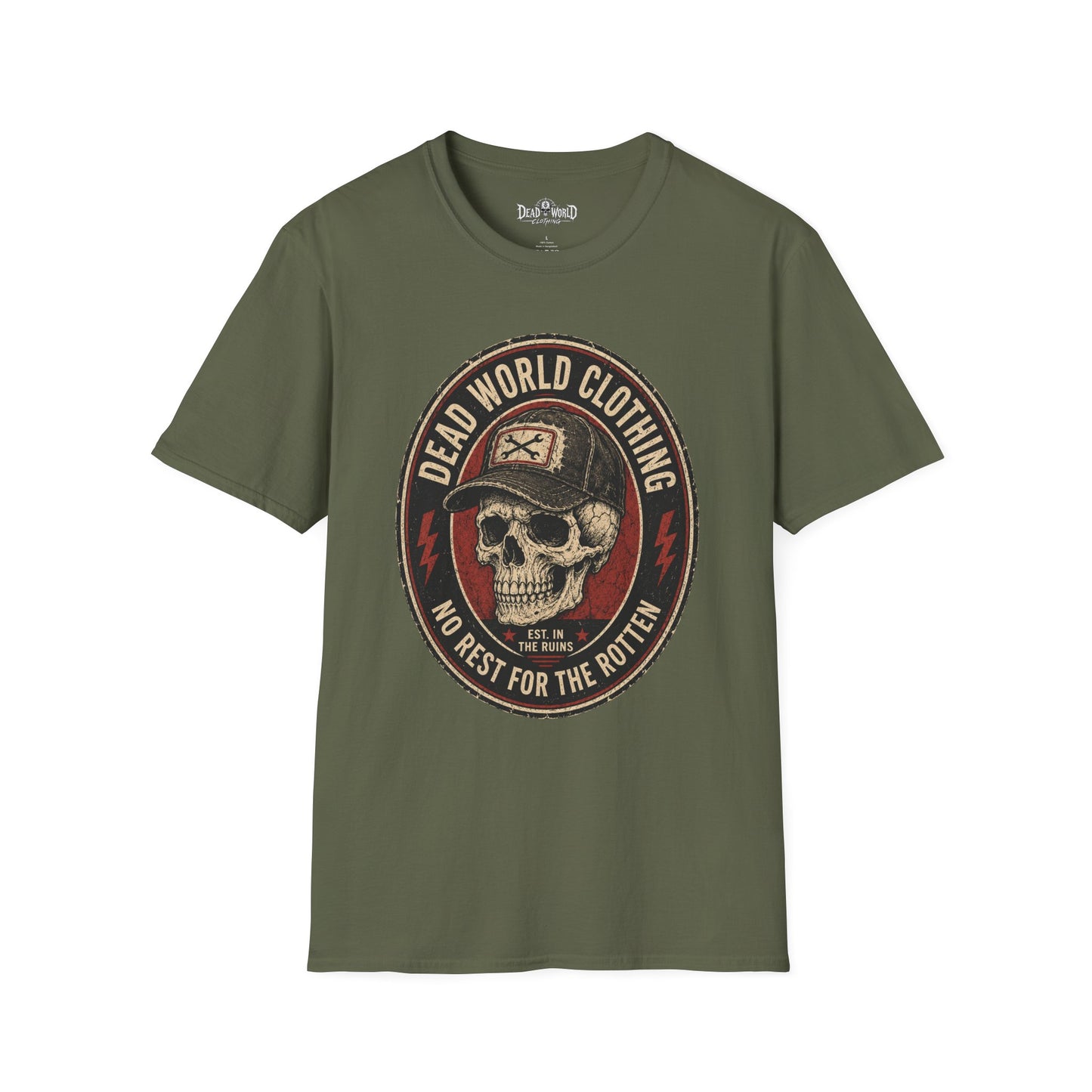 Dead World Clothing Skull Logo T-Shirt — "No Rest for the Rotten" Vintage Graphic Tee