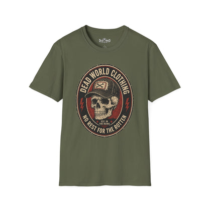 Dead World Clothing Skull Logo T-Shirt — "No Rest for the Rotten" Vintage Graphic Tee