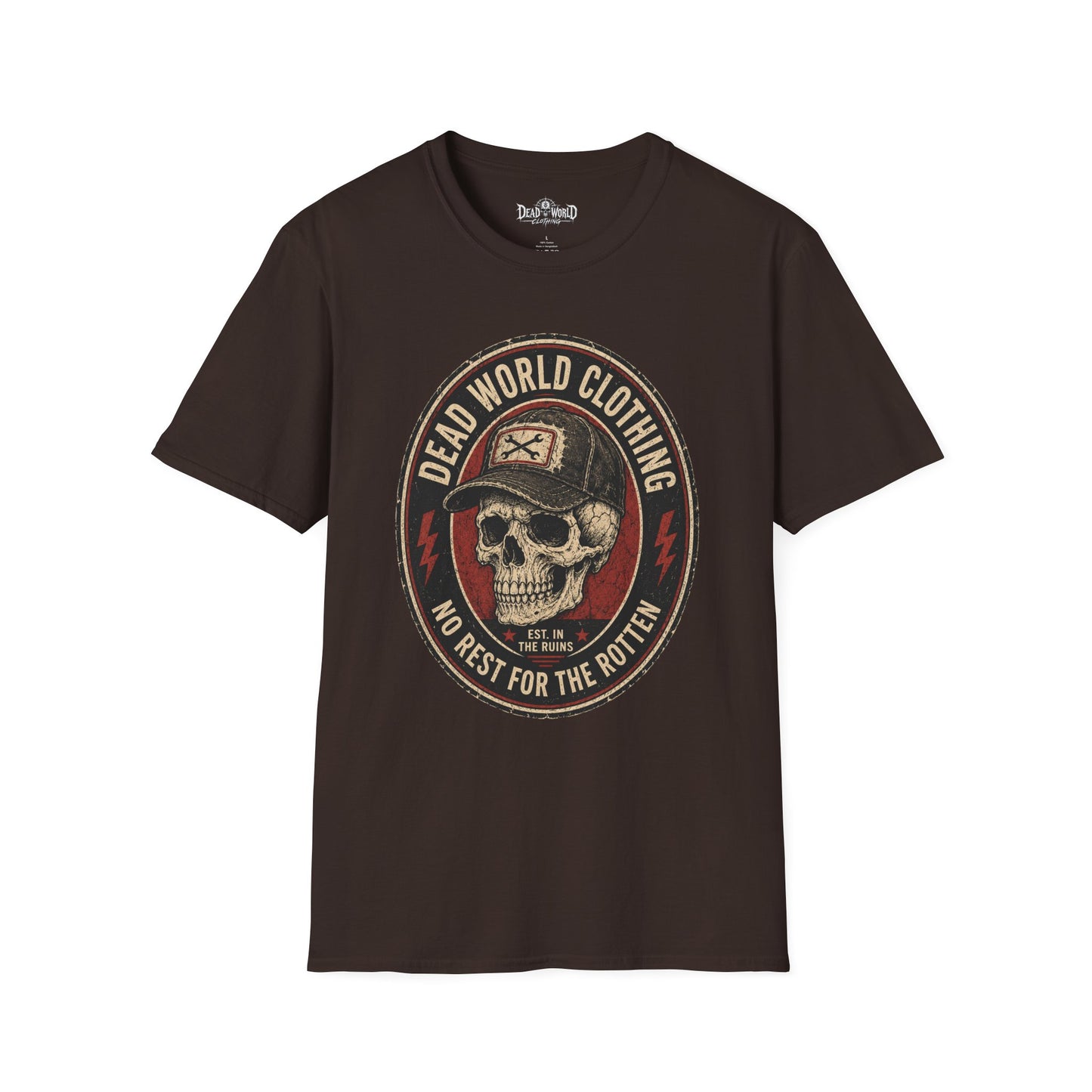 Dead World Clothing Skull Logo T-Shirt — "No Rest for the Rotten" Vintage Graphic Tee