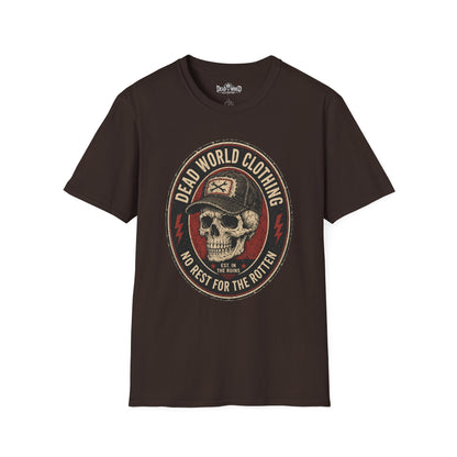 Dead World Clothing Skull Logo T-Shirt — "No Rest for the Rotten" Vintage Graphic Tee